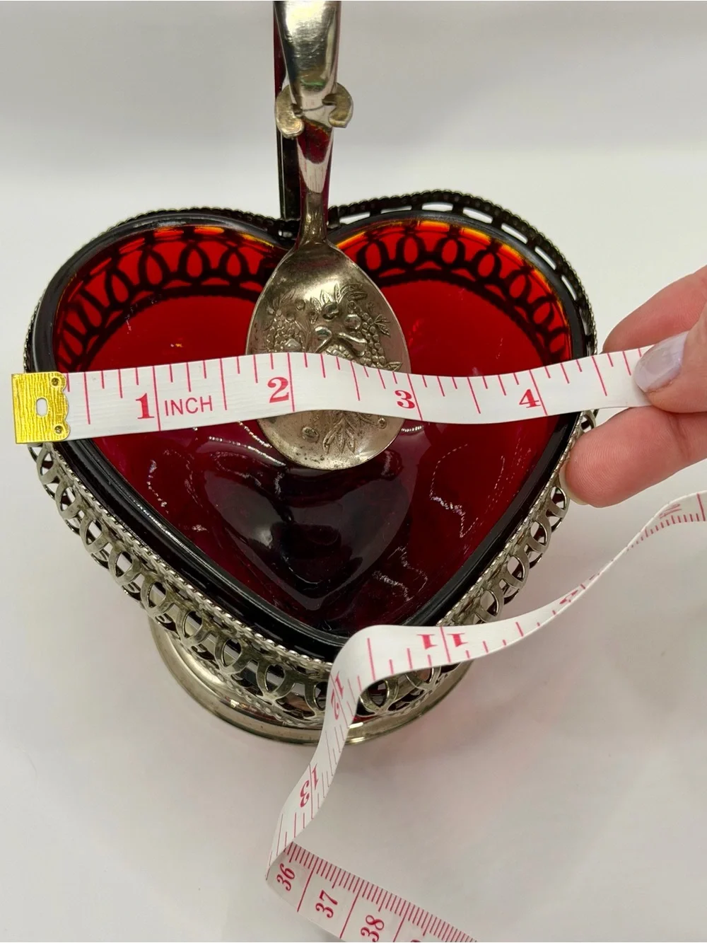 Silver-Tone Red Glass Heart Dish with Spoon